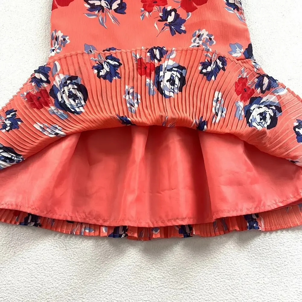 Janie And Jack Girl Vivid Coral Floral Print Chiffon Pleated Sleeveless Dress 6